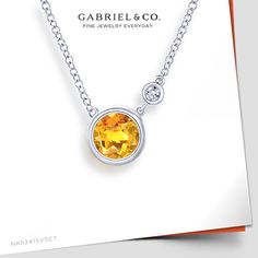 A bezel set round citrine adorns this timeless sterling silver necklace while a smaller accent diamond provides sensational sparkle. NK5241SV5CT #GabrielNY #UniqueJewelry #FineJewelry#GabrielAndCo #FineJewelry#FashionJewelry#UniqueJewelry #GiftIdeas#DiamondJewelry#Jewelry #gabrieljewelry#UniqueGifts  #Jewelry #Design#HandcraftedJewelry#Elegance #DiamondNecklace#GoldNecklace #ChokerNecklace #ChainSwag#ChainSwagNecklace #CitrineNecklace#Pendant Necklace #CitrinePendantNecklace #925SterlingSilver Citrine Round Pendant Necklace For Anniversary, Fine Jewelry Citrine Round Pendant Necklace, Yellow Gold Citrine Round Pendant Necklace, Yellow Citrine Round Pendant Necklaces, Gabriel Jewelry, Yellow Citrine Pendant Necklace, Citrine Pendant, Citrine Necklace, Necklace Online