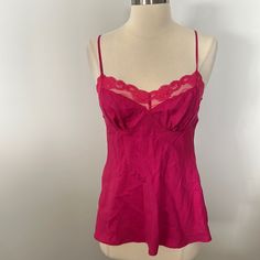 Magenta Pink Silk And Lace Camisole.Nwt. Size Small Feminine Tank Top With Spaghetti Straps And Built-in Bra, Feminine Fitted Camisole Top, Feminine Sleeveless Tank Top With Built-in Bra, Feminine Sleeveless Camisole With Adjustable Straps, Feminine Camisole With Adjustable Straps, Pink Spaghetti Strap Tank Top For Night Out, Pink Camisole With Delicate Straps, Feminine Camisole With Delicate Straps For Night Out, Feminine Spaghetti Strap Tank Top