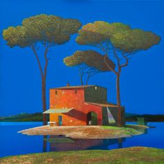 a painting of an orange building with trees in front of it and water below the house