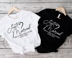 Celebrate your newlywed status with this personalized "Just Married" t-shirt, perfect for honeymoon adventures and wedding memories! Customize it with your names and wedding date to create a unique keepsake. 👰🤵 Whether you're enjoying your honeymoon or just love matching with your spouse, this tee is a must-have for newlyweds. Customizable with any name and date for a personal touch Soft, comfortable fabric perfect for honeymoon trips Available in various sizes for both men and women Ideal for matching couple outfits, honeymoon photos, or post-wedding wear A great wedding gift for newlywed couples 𝗛𝗢𝗪 𝗧𝗢 𝗢𝗥𝗗𝗘𝗥 𝟏. Please, Check and Review all Listing Photos. 𝟐. Select Your T-Shirt Size and T-Shirt Color from drop down menus. 𝟑. Choose Your Quantity as much as you want. 𝟒. Cl Couple Life, Wedding Gifts For Newlyweds, Groom Shirts, Honeymoon Photos, Honeymoon Shirts, Matching Couple Outfits, Matching Couple, Happily Married, Fun Couple