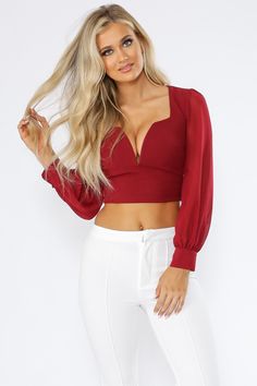 Mended Heart V Wire Chiffon Crop Top-S-Burgundy- | @knowstyleusa #knowstyleusa #knowstyle #KShottie #croptop #sexycroptop #casualcroptop #sexybodysuit #cutebodysuit #blackbodysuit #redcroptop #fashionista #ootd #instafashion #streetstyle #womensfashion #womenswhitetop #streetfashion #streetwear #fashionaddict #summeroutfits Mended Heart, Chiffon Crop Top, Red Crop Top, Long Puff Sleeves