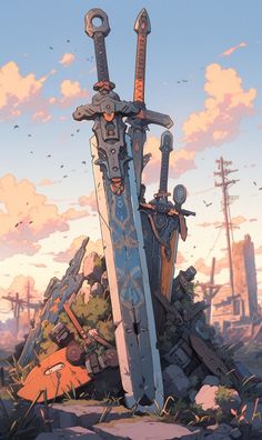 two swords are standing in the middle of a pile of rubble