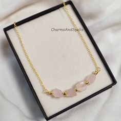 Natural Rough Rose Quartz Necklace, Gold Plated Necklace, October Birthstone Necklace, Beaded Necklace, Healing Crystal,Valentine Day Gift Handmade Jewelry Gemstone- Natural Rose Quartz Color- Pink Style- Electroplated Plating- Gold  Theme- Love And Friendship Birth Month- October Chain Length- 18 Inches with 2 Inches Extension link chain Contact Us If You Have Any Query, Feel free for Catalogue, Samples & Bulk Price list. We do Deal In Bulk Quantity. Contact Us In Message For Bulk Order And Get Beaded Rose Quartz Necklace As Gift, Beaded Rose Quartz Necklace For Gift, Pink Beaded Necklace With Adjustable Chain As Gift, Rose Quartz Beaded Necklace For Gift, Adjustable Rose Quartz Beaded Necklace As Gift, Adjustable Rose Quartz Beaded Necklace For Gift, Adjustable Pink Birthstone Necklace, Rose Quartz Beaded Necklaces With Gemstone For Gift, Pink Gemstone Beads Crystal Necklace Gift