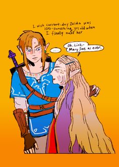 the legend of zelda and princess zelda talking to each other in front of an orange background