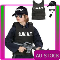 Kids SWAT Vest Hat Policeman Officer Costume Child Cops Boys Book Week Uniform | eBay Swat Vest, Policeman Costume, Police Officer Costume, Clown Accessories, Bulletproof Vest, Kids Police, Swat Police, Outfits For Boys, Uniform Accessories