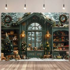 an image of a christmas scene with teddy bears in the living room wallpaper mural