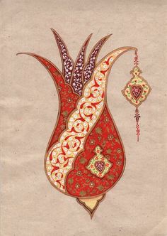 an ornately decorated vase with ornaments hanging from it's sides, on a beige background