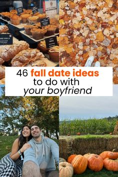 a couple sitting next to each other in front of pumpkins and hay bales