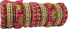 Handmade Bridal Sets For Wedding Festivities, Pink Silk Thread Wedding Sets, Handmade Festive Bridal Sets For Wedding, White Silk Thread Traditional Wedding Wear, Traditional Multicolor Silk Thread Bracelets, Bohemian Bangle For Wedding And Festive Occasions, Bohemian Wedding Bangle For Festive Occasions, Bohemian Pink Festive Bangle, Party Bangle With Gota Work