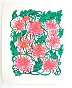 a drawing of pink flowers with green leaves on a white paper background in the shape of a square