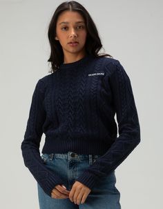 Guess Jeans Cable Knit Sweater. Featuring A Timeless Cable Knit Design, This Cozy Sweater Offers Both Warmth And Style, Making It A Perfect Go-To For Chilly Days. Logo Embroidered At Left Chest. Crewneck. Long Sleeve. 35% Acrylic, 35% Wool, 30% Polyamide. Machine Wash. Imported. Model Is Wearing A Size Small. Model Measurements:height: 5'8" Bust: 32"waist: 24"hips: 35" Cable Knit Sweater Womens, Womens Sweater, Cozy Sweater, Cable Knit Sweater, Guess Jeans, Cozy Sweaters, Knitting Designs, Logo Embroidered, Model Measurements