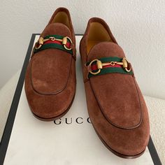 New Authentic Can Be Worn As Slip On Gucci 5 Unisex Ship Next Business Day Gucci Suede Loafers With Leather Sole, Gucci Suede Formal Loafers, Gucci Suede Loafers For Formal Occasions, Gucci Designer Brown Loafers, Designer Brown Gucci Loafers, Luxury Brown Gucci Loafers, Designer Brown Loafers With Suede Lining, Designer Brown Loafers With Branded Heel, Gucci Brown Loafers With Horsebit Detail