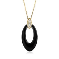 Ross-Simons - Onyx, .16ct t. w. Diamond Oval Pendant Necklace in 14kt Yellow Gold. 16". Bring your bold style to every function when you wear this ultra-glam oval pendant necklace. Features a slick 30x18mm carved oval onyx suspended from a marquise-shaped bale studded with .16 ct. t. w. round brilliant-cut diamonds in 14kt yellow gold. Box chain includes a 2" extender. Lobster clasp, diamond and onyx oval pendant necklace. Oval Pendant Necklace, Gold Box, Oval Pendant, Oval Diamond, Box Chain, Round Brilliant Cut Diamond, Bold Fashion, Pendant Jewelry, Onyx