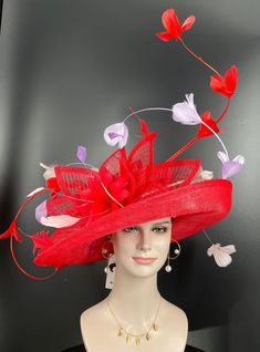 "This is the Custom design hat sample, the colors decorations according to your own requirements, please show me your dress and let's discuss the colors together, we will talk about the base hat color, the 6 pcs curly quills feather flowers colors and 9 extra small pcs  feathers extra colors, this hat I displayed is a finished style for a customer, I can't design the exactly same one for you, please change the colors!No two are the same colors and same designs!  For this style hat,  Base Hat 14 colors are available: white, off white( ivory), navy blue, fuchsica pink, orange, royal blue, purple, hot pink, champagne,lilac  powder blue,lime green, black and red Material: Sinamay with feathers Crown Width; 8 inch Crown Height: 4 inch Brim Width: 7 ~ 5 inch Head girth is from 22' to 23.22\" adj Multicolor Hats For Kentucky Derby Evening, Red Party Hat With Round Crown, Multicolor Hats For Royal Ascot Evening, Red Hat For Garden Party And Kentucky Derby, Red Curved Brim Fascinator For Garden Party, Elegant Multicolor Hat For Evening, Elegant Multicolor Headpieces For Party, Elegant Multicolor Evening Hat, Elegant Multicolor Short Brim Hat