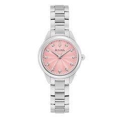 Add a pop of color to your wardrobe with this stylish Bulova ladies’ timepiece from the Sutton collection. Stainless steel 28.0mm case, pastel pink sunray dial, 11 diamond hour markers, and silver-toned hands Quartz movement Stainless steel bracelet; foldover clasp Water resistant to 30 meters We are an authorized Bulova dealer Classic Pink Watch With Round Dial, Formal Pink Watch Accessories With Diamond Hour Markers, Classic Pink Watch For Formal Occasions, Timeless Pink Watch For Formal Occasions, Pink Analog Watch With Round Dial, Pink Analog Watch Accessories With Round Dial, Timeless Formal Pink Watch, Classic Pink Diamond Watch With Round Dial, Timeless Pink Diamond Watch With Metal Dial