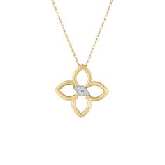 18K Yellow and White Gold Cialoma Medium Diamond Flower Necklace Diamond Flower Necklace, Roberto Coin Jewelry, Diamond Flower Pendant, Small Necklace, Pave Pendant, Roberto Coin, Flower Pendant Necklace, Creating Jewelry, Delicate Chain