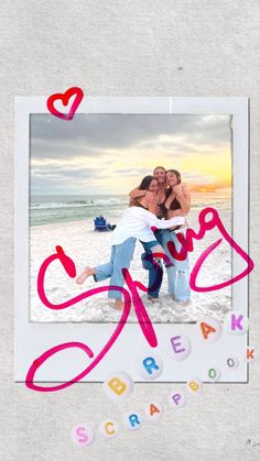 two girls hugging each other on the beach with hearts in the sky and letters spelling love