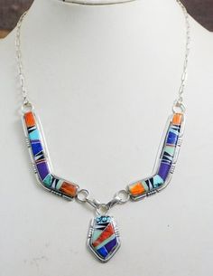 Southwestern Multicolor Multi-stone Necklace, Unique Multicolor Inlay Necklaces, Unique Multicolor Inlay Necklace, Multicolor Gemstone Southwestern Necklace, Southwestern Multicolor Gemstone Necklace, Southwestern Style Multicolor Gemstone Necklace, Multicolor Inlay Southwestern Necklace, Authentic Turquoise Jewelry, Stone Necklaces