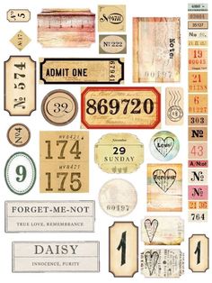 an assortment of old fashioned tags and stickers on a white background with the words admit one