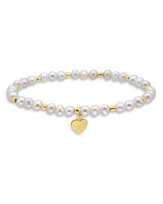 Aqua Heart Charm Cultured Freshwater Pearl Beaded Stretch Bracelet in 18K Gold Plated Sterling Silver - Exclusive Michael Kors Shop, Etsy Promotion, Wedding Flats, Shoe Boutique, Closet Ideas, Beaded Stretch Bracelet, Gold Plated Sterling Silver, Stretch Bracelet, Pearl Beads