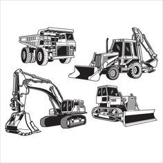 four different types of construction machines in black and white colors on a white background illustration