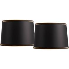 pair of black lampshades with gold trims on each lamp shade, isolated against a white background