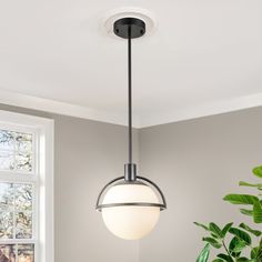 a light fixture hanging from the ceiling in a room with potted plants and windows