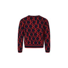 Color: Blue Blue sweater from the Italian luxury brand Gucci Kids, made of wool jacquard. It features long sleeves, a crew neck, ribbed cuffs and hem. It is embellished with an all-over red Gucci magazine logo. Made in Italy 100% Wool. Hand wash.