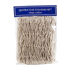 decorative fishing net in plastic bag on white background