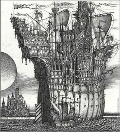 a drawing of a ship in the ocean with lots of sails and other things on it