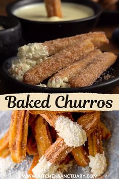 baked churros on a plate with dip in the middle and other dishes behind it