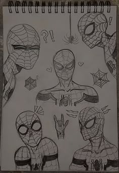 a drawing of spider - man and his webman friends in various poses, with the faces drawn on paper