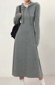 Rib Hooded Solid Button Midi Dress Casual Solid Midi Dress For Winter, Casual Gray Long Sleeve Maxi Dress, Cotton Long Sleeve Maxi Dress For Winter, Winter Long Sleeve Cotton Maxi Dress, Winter Cotton Maxi Dress With Long Sleeves, Fall Stretch Dresses With Buttons, Stretch Dresses With Buttons For Fall, Casual Stretch Midi Dress For Winter, Long Cotton Winter Dress