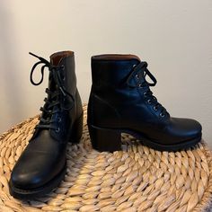 Like New Heeled Combat Boots. Rounded Toe 5.17” Shaft Height 8.25” Calf Circumference 2.5” Heel Leather Lining Very Little Wear On Heels And Soles Lugged Rubber Outsoles Heeled Combat Boots, Frye Shoes, Moto Boots, Combat Boots, New Color, Like New, Women Shoes, Boots, Heels