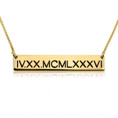 24k Gold Plated Roman Numeral Engraved Bar Necklace Roman Numerals Dates, Engraved Bar Necklace, Roman Numerals, Personalized Necklace, Bar Necklace, Simple Outfits, Arrow Necklace, Gold Plate, Plating