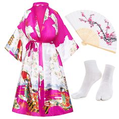 PRICES MAY VARY. Material: Made of Imitation silk satin polyester, soft silky comfortable to wear,breathable and lightweight. Package Includes:1 x Long kimono robe cardigan , 1 x Hand held flower printing silk folding fans ,1 x Tabi socks. 3-piece set. Long plus size lingerie robe up to ankle,V-shaped neckline, removable sash tie, belt loops,large loose flowing sleeves, open front, continuously printed sleeves, luxurious flowing drape.it makes you catch the eyes in the crowd This plus size yukat Folding Fans, Tabi Socks, Long Kimono, Lightweight Cardigan, Cardigan Jacket, Cloak, Jacket Coat, Socks, Satin