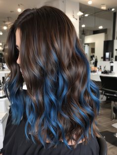 Hair Color Ideas Highlights Blue, Ideas On How To Dye Your Hair, Blue Hair Color On Brown Hair, Blue Brown Balayage, Brown Hair Ideas Color, Blue Over Brown Hair, Cute Blue Hairstyles, Blue Balyage Long Hair Brunettes, Subtle Blue Hair Brunette