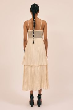 Ivory pleated tiered midi dress with colorblocking details in natural silk base. - Aza Fashions Chic Cream Tiered Midi Dress, Midi Dress For Women, Tiered Midi Dress, Fashion App, Natural Silk, Dress For Women, Aza Fashion, Color Blocking, Midi Dress