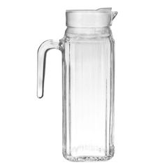 a clear glass pitcher with a handle on the top and bottom, is shown in front of a white background