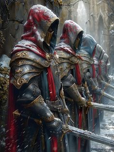 three knights in full armor walking through the snow