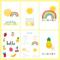 four different greeting cards with the words hello summer, here comes the sun and hello kitty