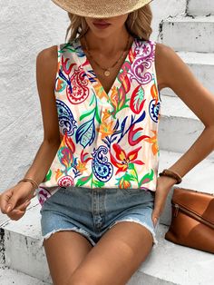 Albaricoque Bohemio Collar sin mangas Tela tricotada Floral,Paisley,Estampado Integral,Estampado en Textura Top Embellished No-Elástico Multicolor Printed V-neck Tank Top, Summer Sleeveless Printed Blouse, Multicolor V-neck Tank Top Vest, Casual Multicolor Print Sleeveless Tank Top, Casual Multicolor Sleeveless Tank Top, Casual Paisley Print Sleeveless Tank Top, Casual Multicolor Print Sleeveless Tops, Casual Tank Blouse With Floral Print, Casual Sleeveless Multicolor Print Tops