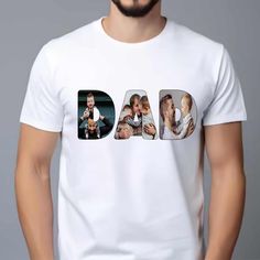 a man wearing a white t - shirt with the word dad printed in four different photos