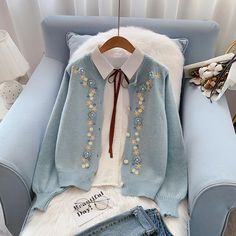 Style: commuting Size: one size Color: yellow, white, blue Embroidery Upcycle, Hand Embroidered Flower, Flower Sweater, Fun Crochet Projects, Sweater Coat, Sweater Vintage, Dream Clothes, Sweater Coats, Aesthetic Outfits