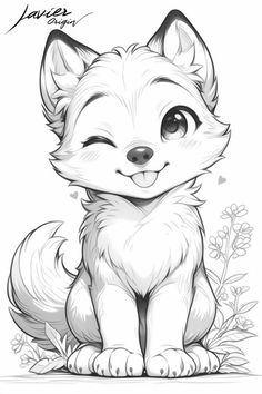 a drawing of a little fox sitting on the ground