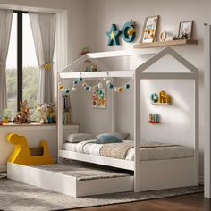 a child's bedroom with a white bed, yellow chair and toys on the floor