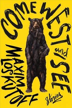 a black bear standing on its hind legs in front of a yellow background with words written below it