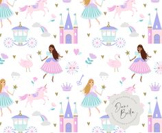 seamless pattern with princesses and unicorns