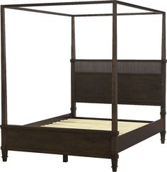 a bed that has a wooden frame and headboard