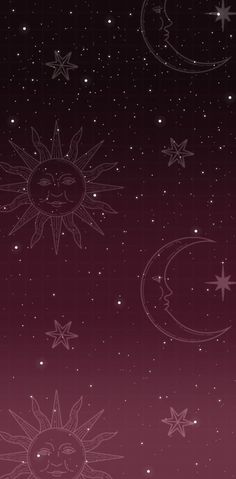 the sun and stars are in the sky above the moon, on a purple background